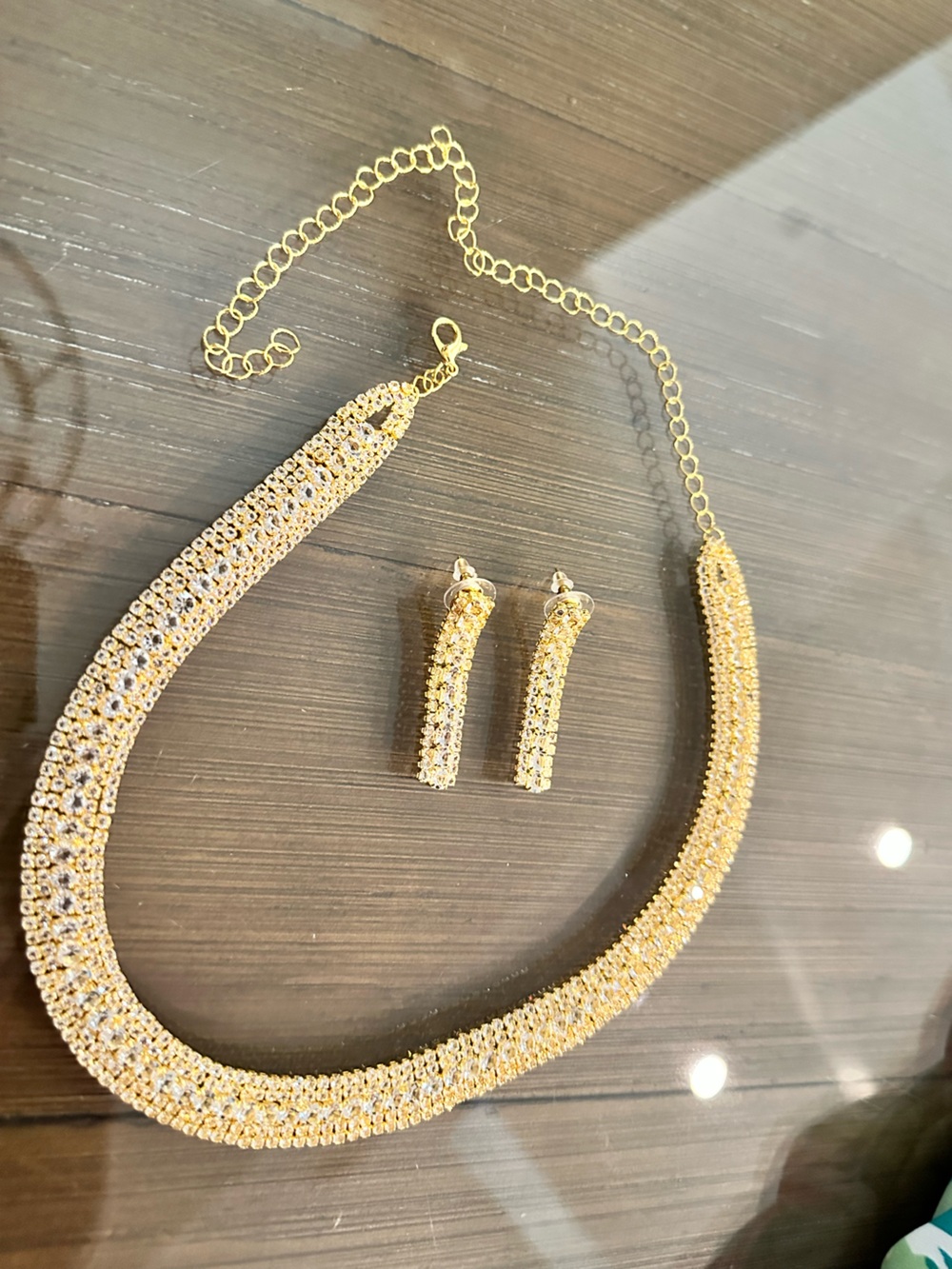 Gold Crystal Pave Collar Necklace and Drop Earrings Set